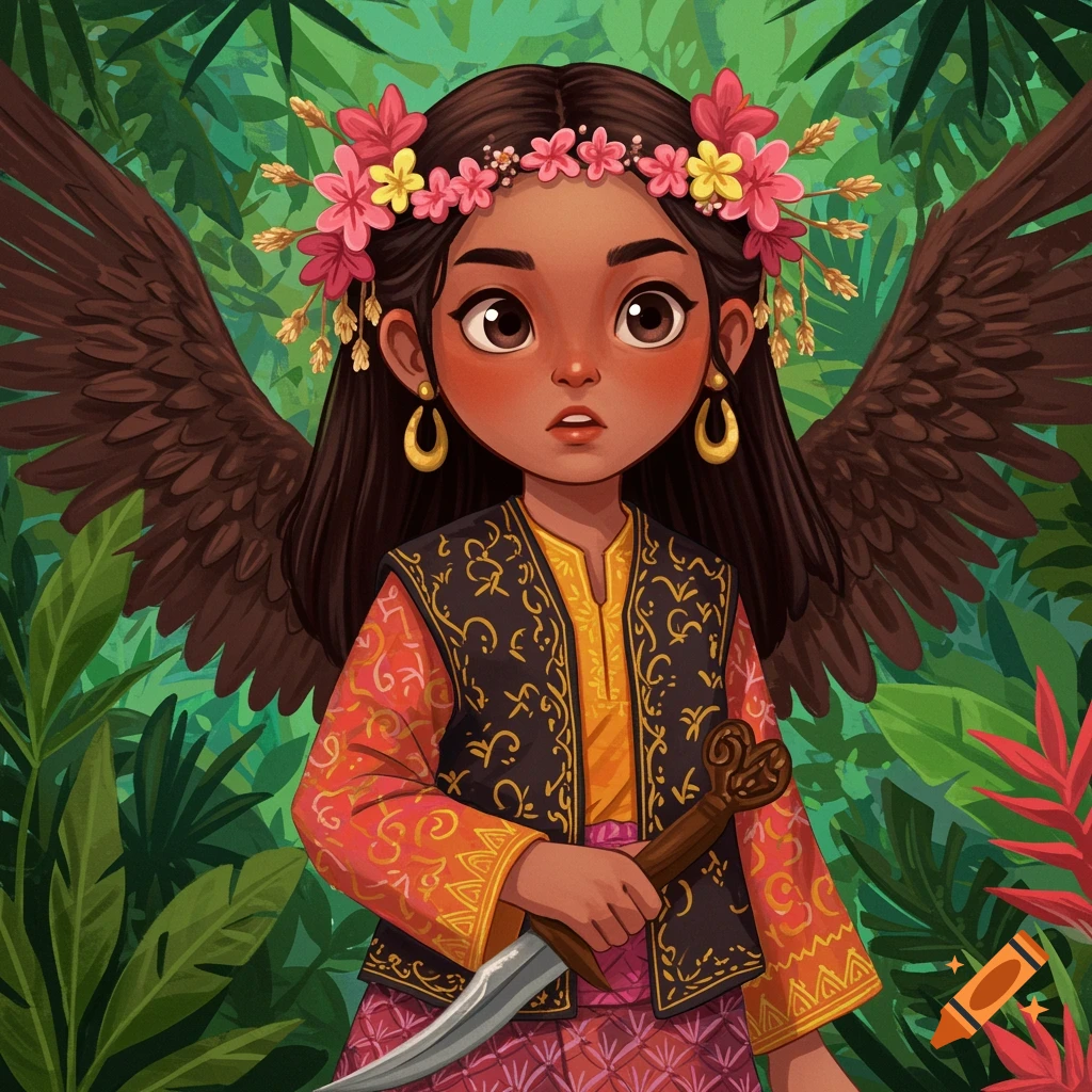 A stylized image of a girl with wings, floral headband, and traditional Malay clothing holding a dagger in a rainforest.