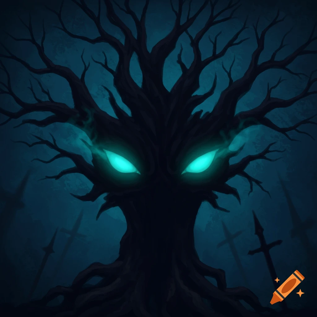 Spooky tree with glowing blue eyes and gnarled branches in a dark forest.