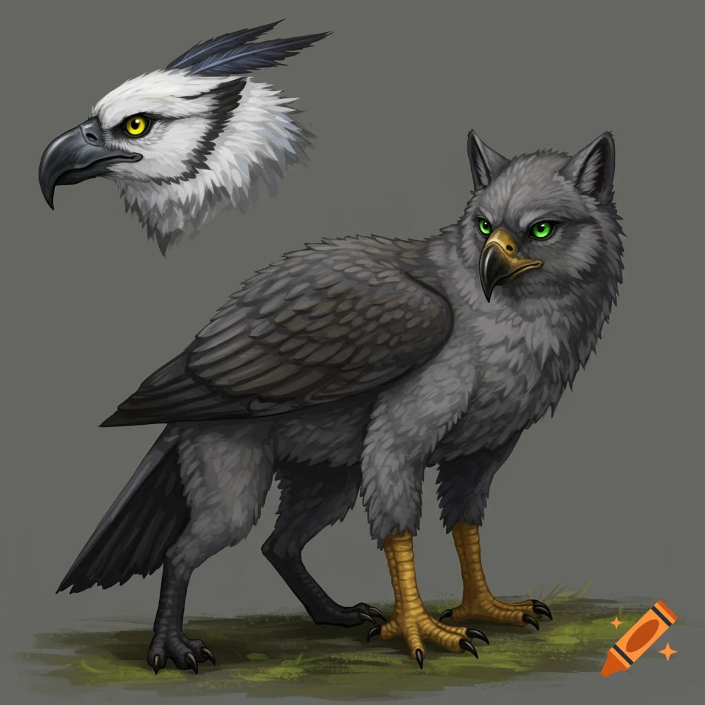 A headshot of a fantasy creature with a hawk head, bird body, and paws.