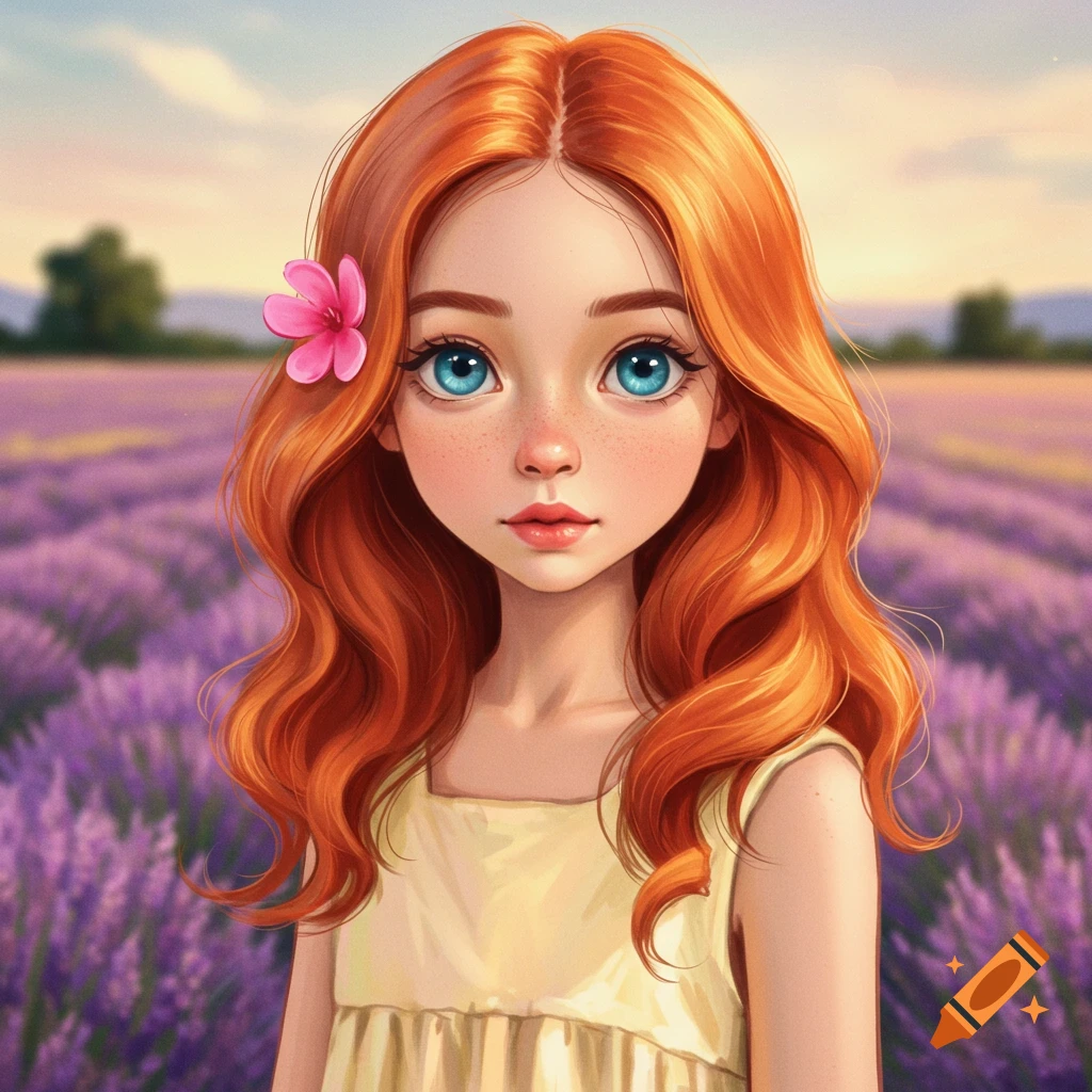 Stylized image of a red-haired girl with big blue eyes and a flower in her hair, standing in a lavender field.