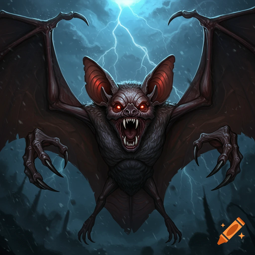 A sinister bat with red eyes flying in a stormy sky with lightning.
