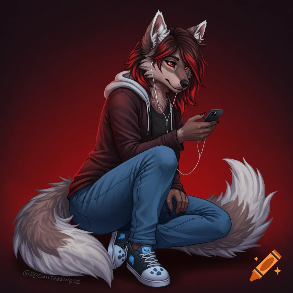 A furry character, a wolf demon, crouches and looks at a phone while wearing earbuds, a hoodie, jeans, and sneakers.