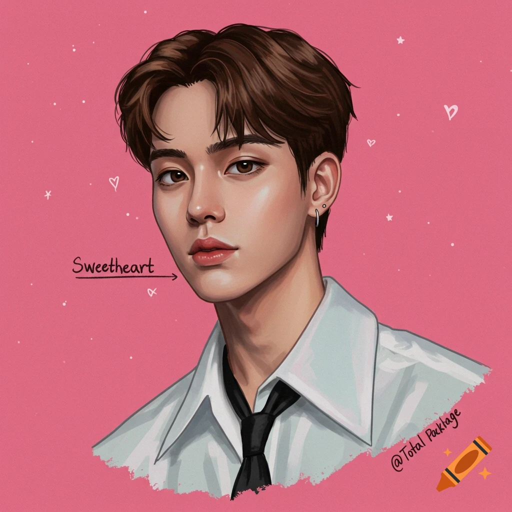 Portrait of a young man in a white shirt and black tie on a pink background with stars and hearts. Text 'Sweetheart' is next to him.