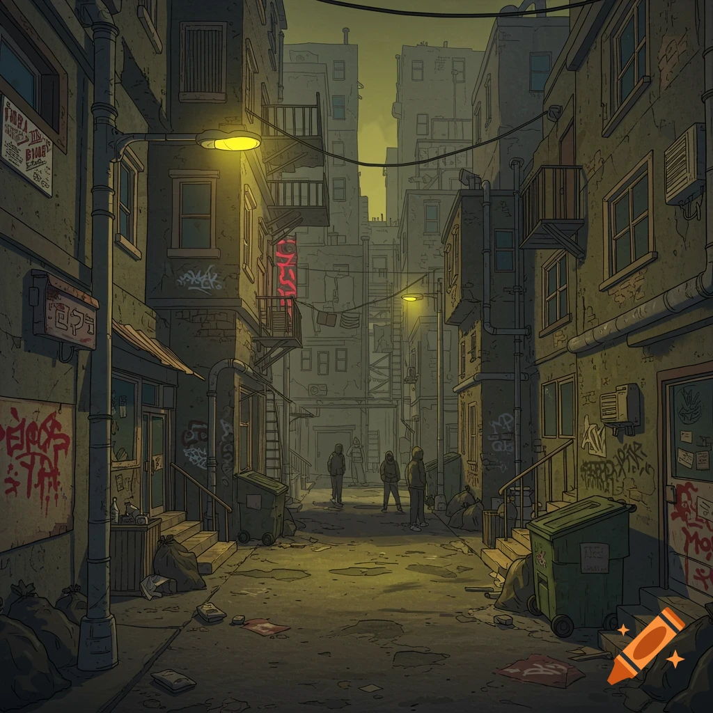 A gritty urban alleyway illustration at night with streetlights, graffiti, trash, and figures in the distance.