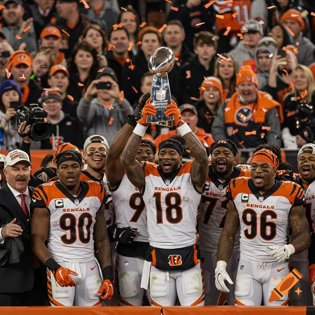 Cincinnati Bengals football players celebrate winning the Super Bowl with the trophy and falling confetti.