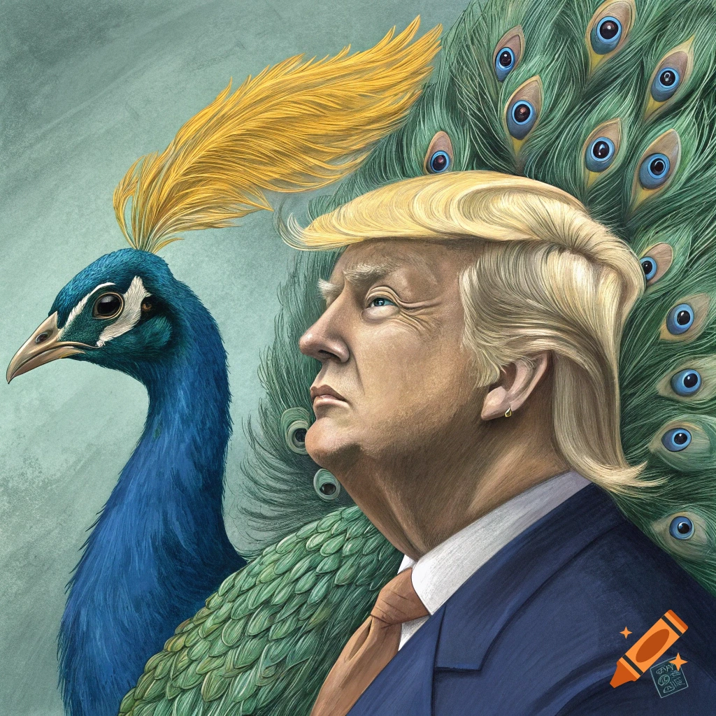 Illustration of a peacock with the face of Donald Trump.