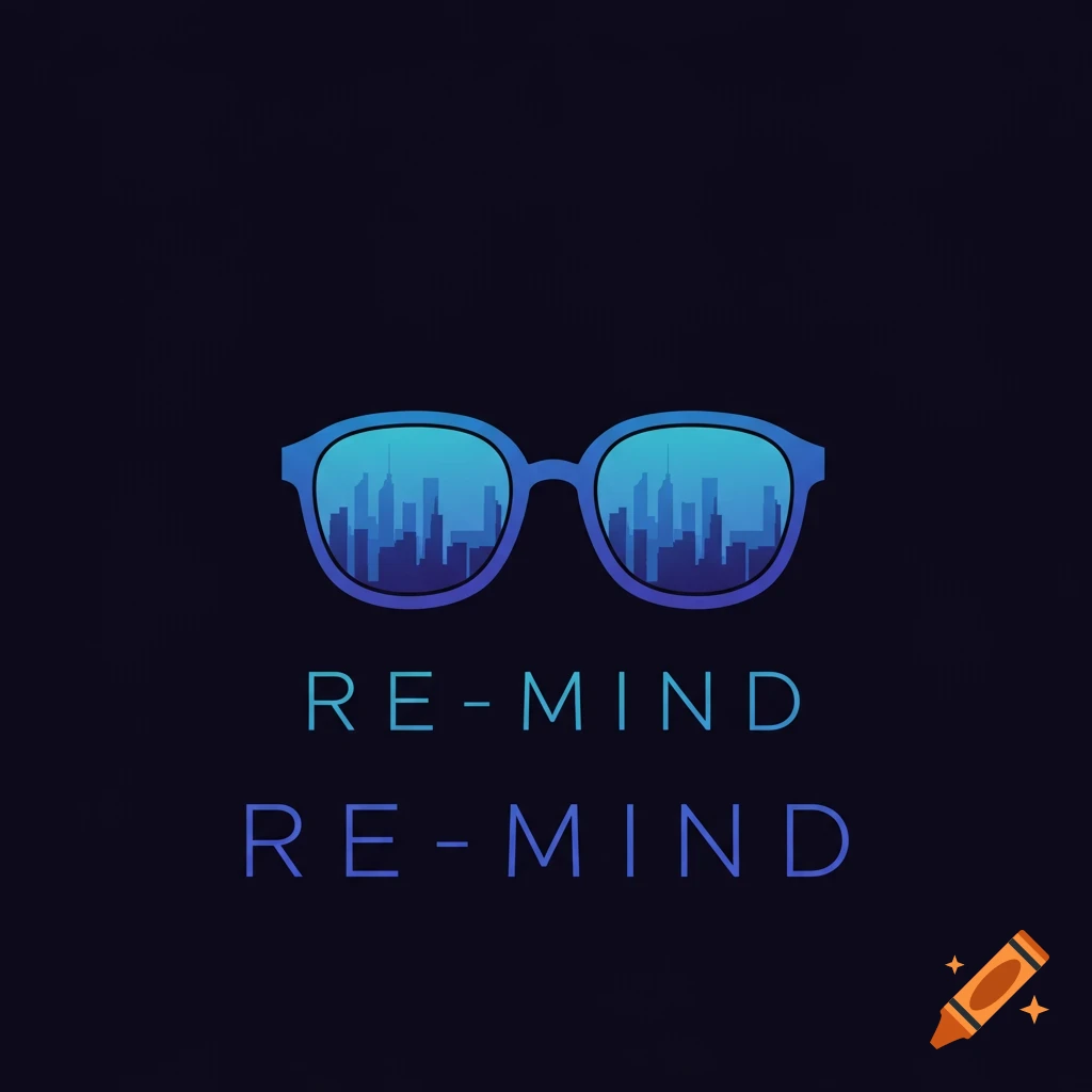Graphic logo design featuring blue gradient sunglasses reflecting a city skyline with the text RE-MIND below.