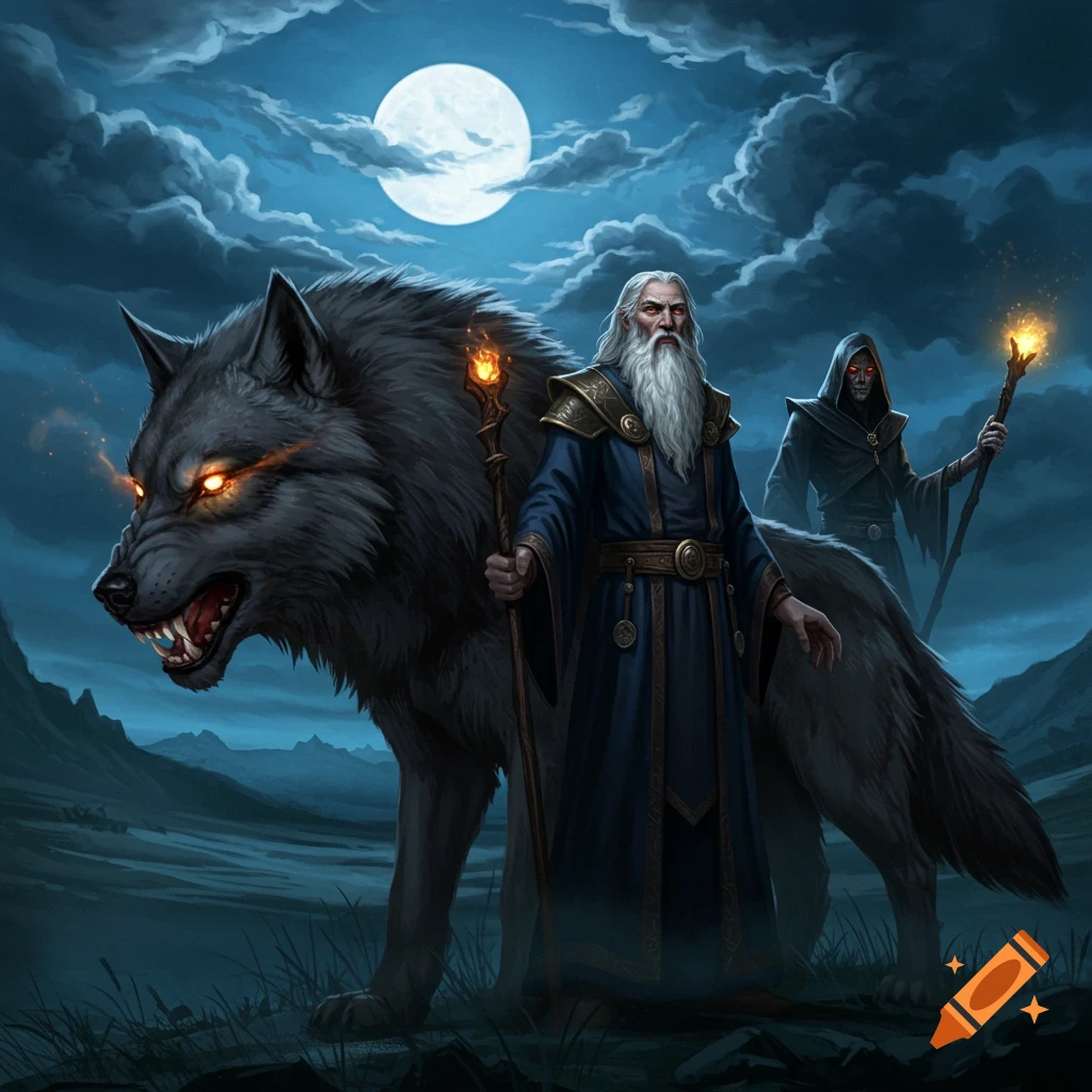A fantasy illustration of a wizard, a sorcerer, and a giant dire wolf standing under a full moon.
