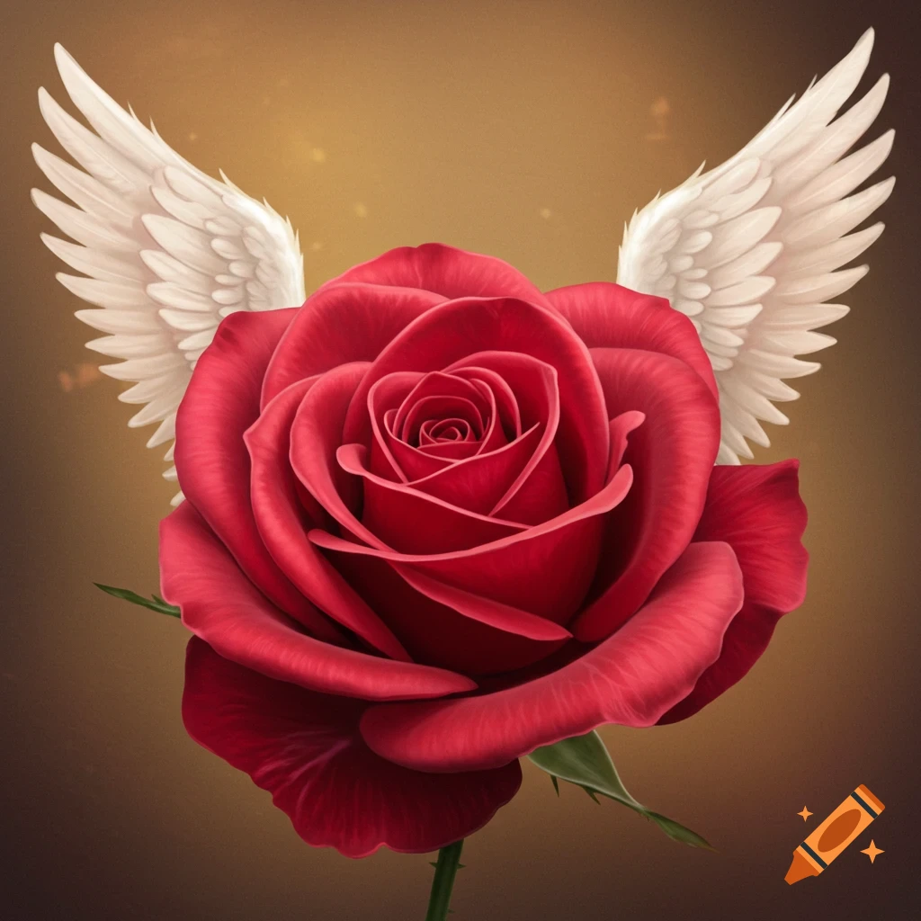 A red rose with white angel wings against a brown background.
