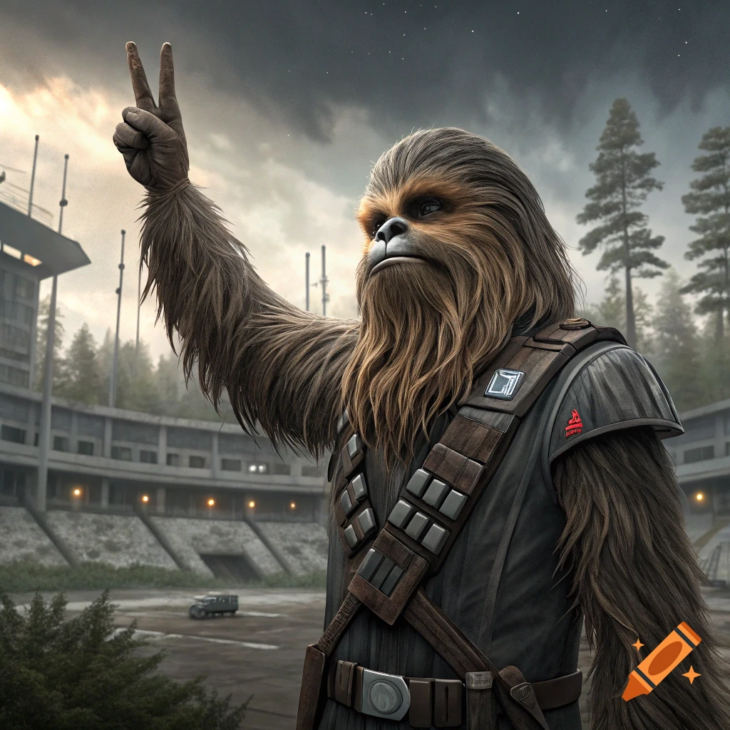 Chewbacca in a stadium, raising two fingers in a peace sign.