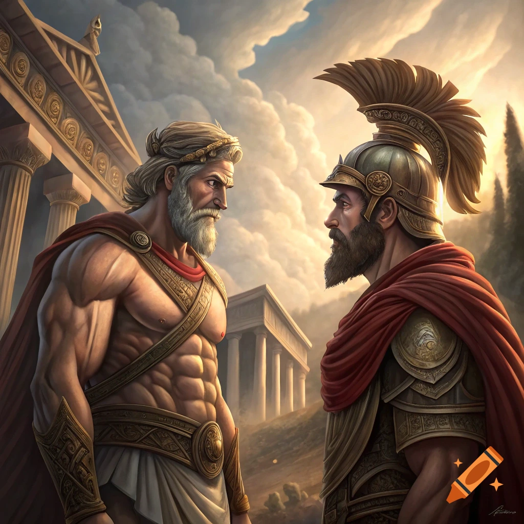 Two muscular men in ancient Greek attire stand facing each other before temple ruins under a dramatic sky.
