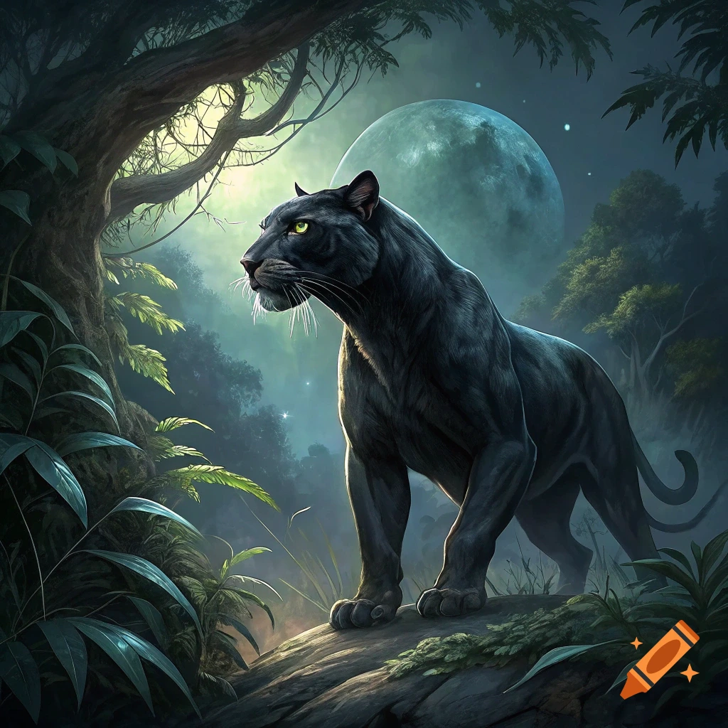 A black panther stands on a rock in a jungle at night under a full moon.