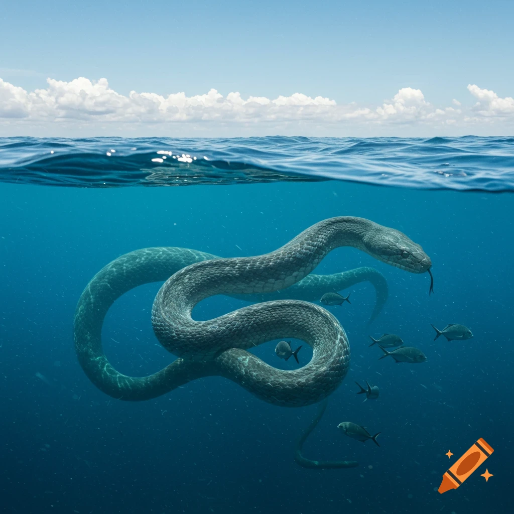 Photorealistic image of a large snake swimming in the ocean near the surface with fish.
