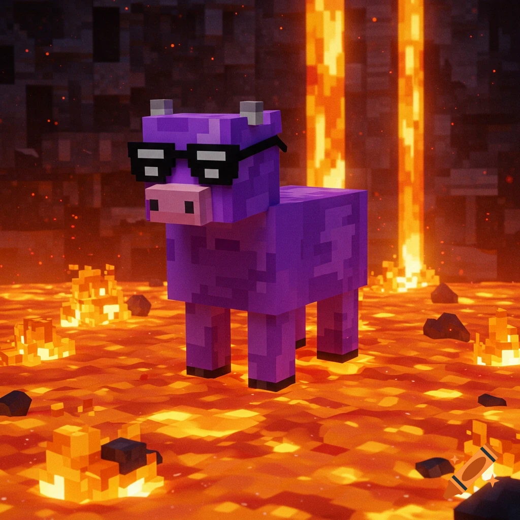 A purple Minecraft cow wearing sunglasses stands in lava with lavafalls in the background.