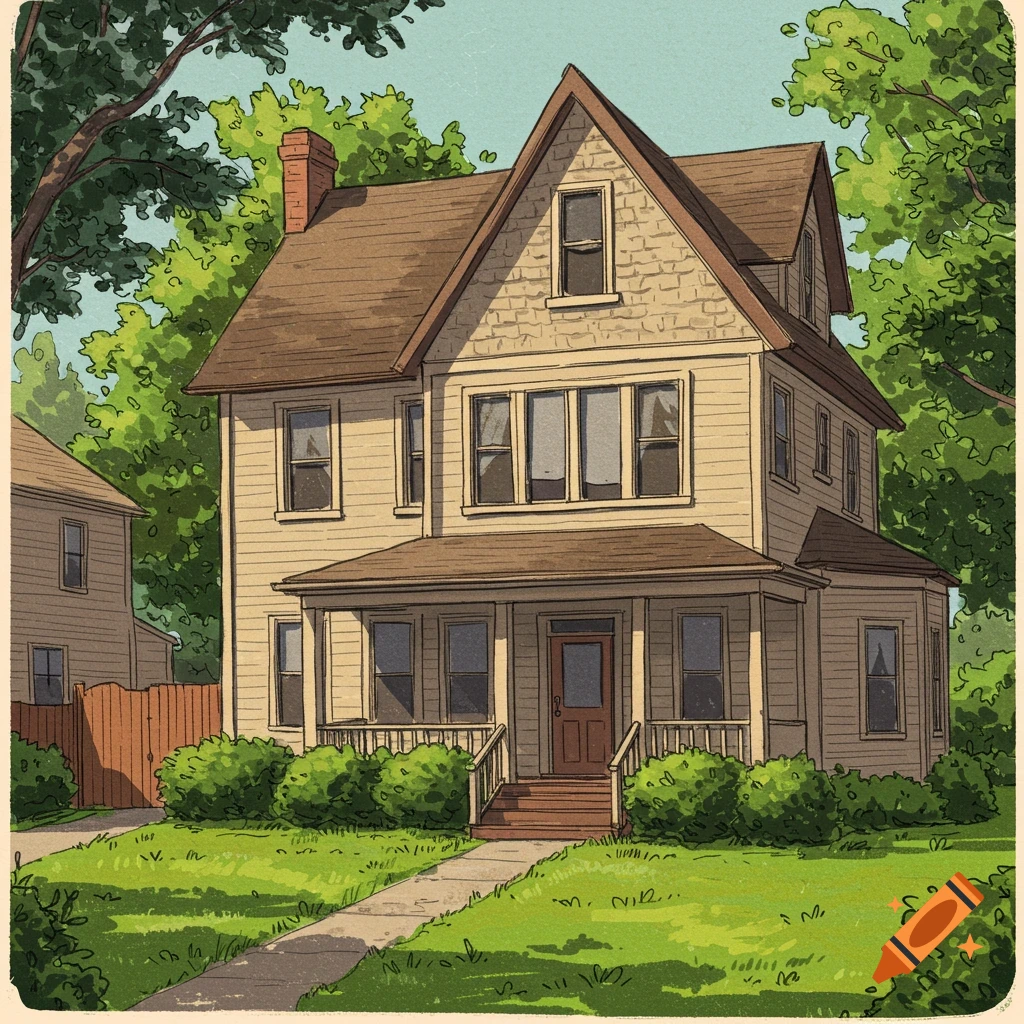 A two-story house with a porch, yard, and trees.