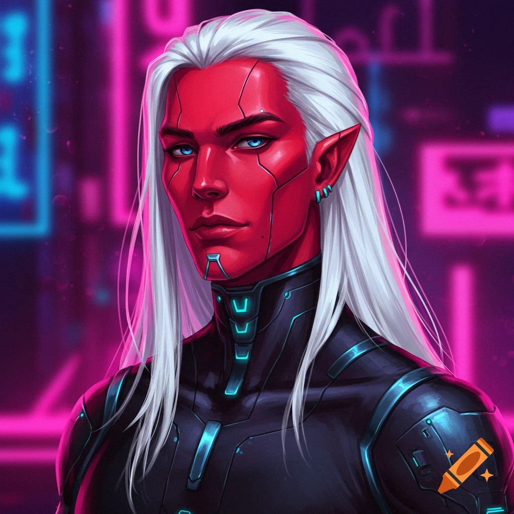 A red-skinned alien with white hair in a futuristic setting.