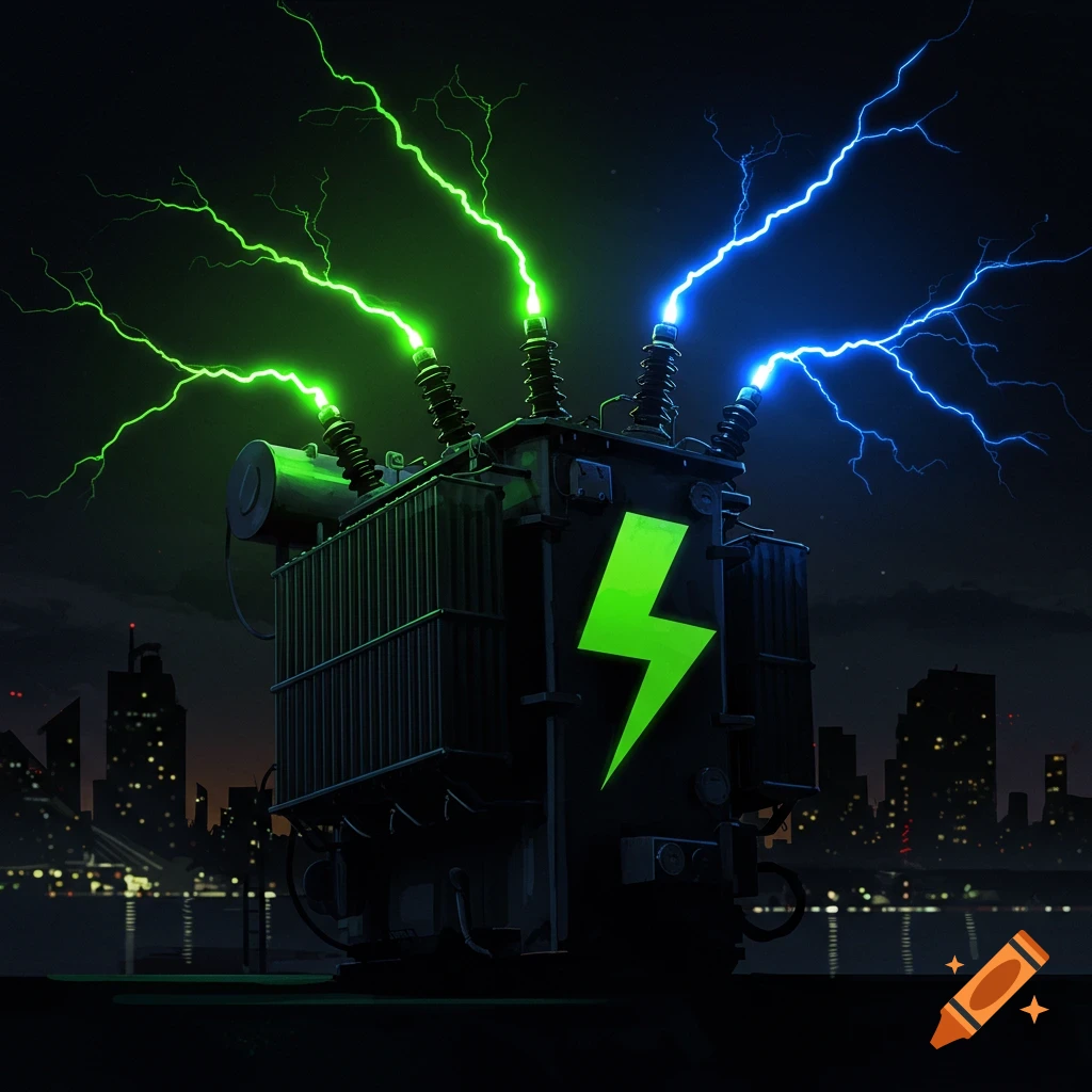 A high voltage transformer with green and blue lightning bolts striking, set against a dark city skyline at night.