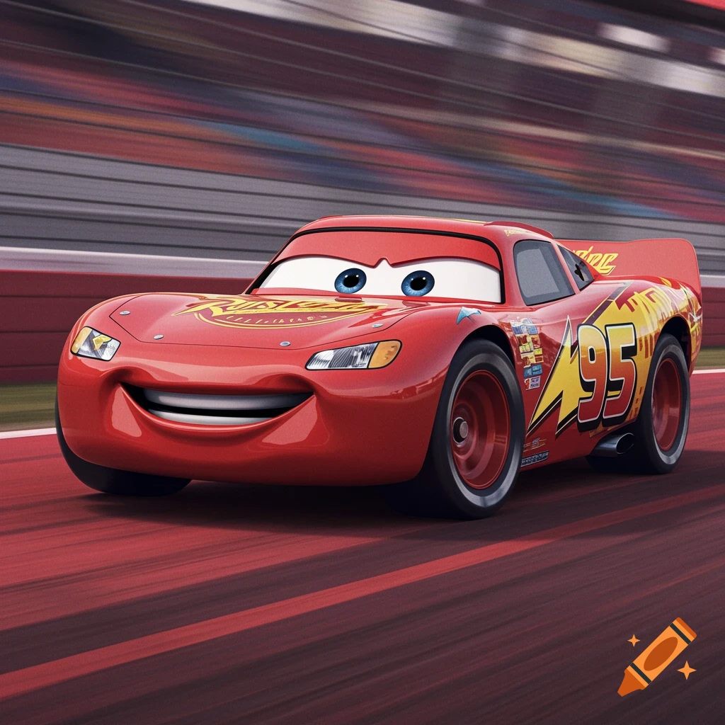 Red race car Lightning McQueen speeds on a track.