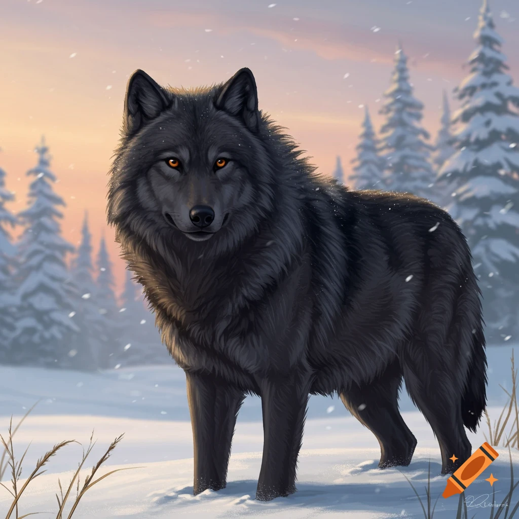 A black wolf stands in a snowy winter forest