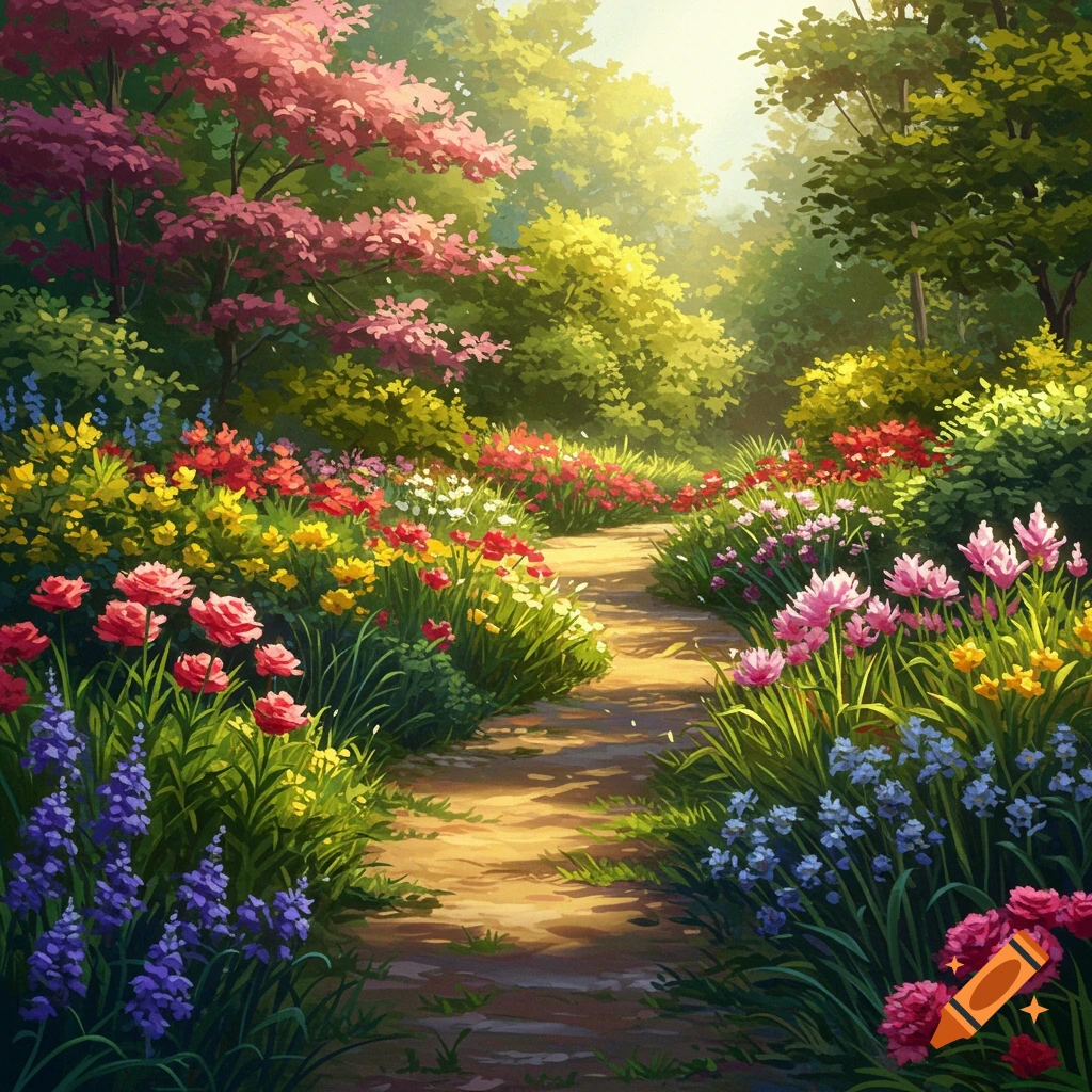 A vibrant garden path winding through colorful flowers and trees.