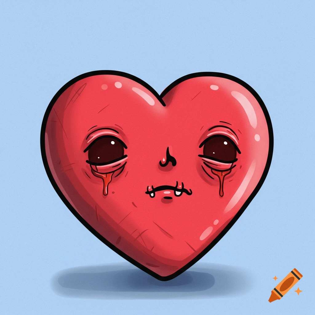 A cartoon heart with puffy eyes and crying blood-like tears.