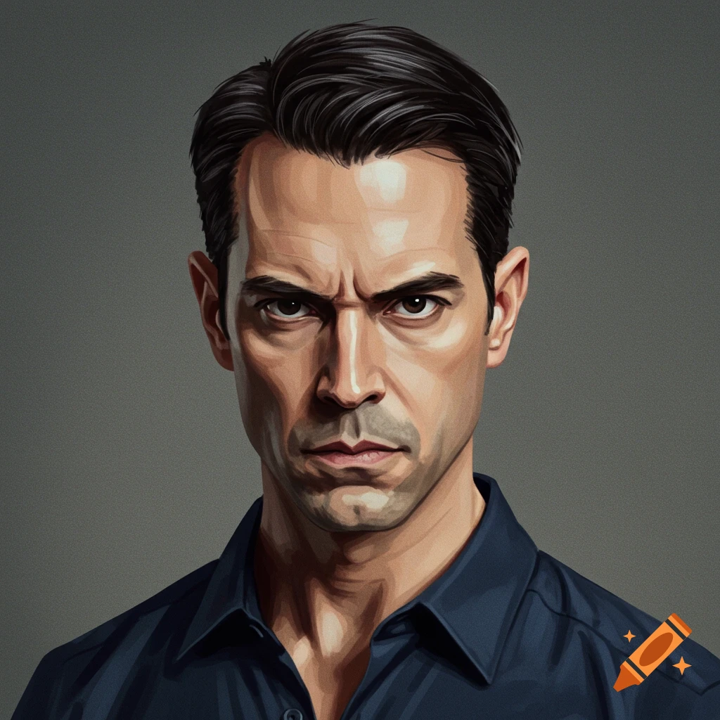 Headshot of a stern man in a dark blue shirt