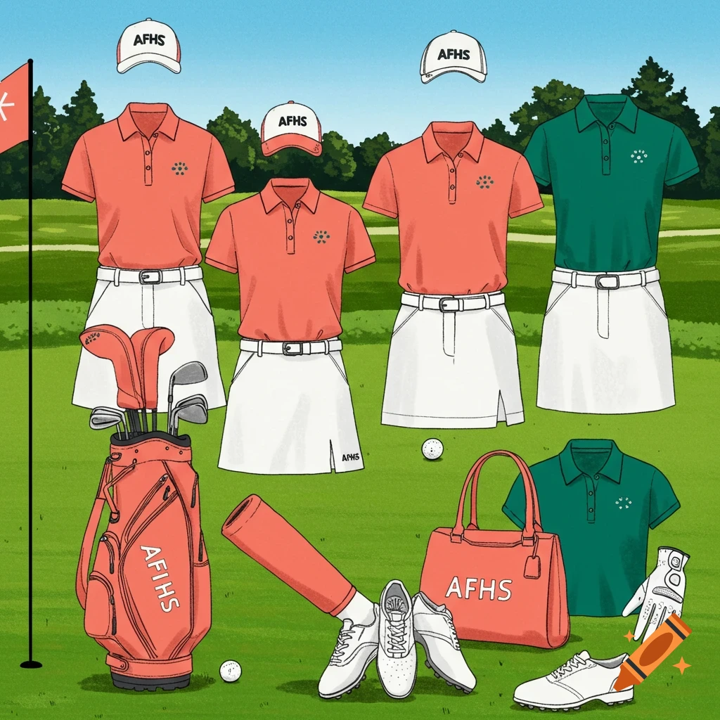 Golf apparel and equipment on a golf course.