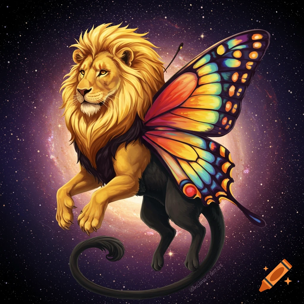 A fantasy creature with a lion's head, butterfly wings, and cat tail floats in space. Digital art.