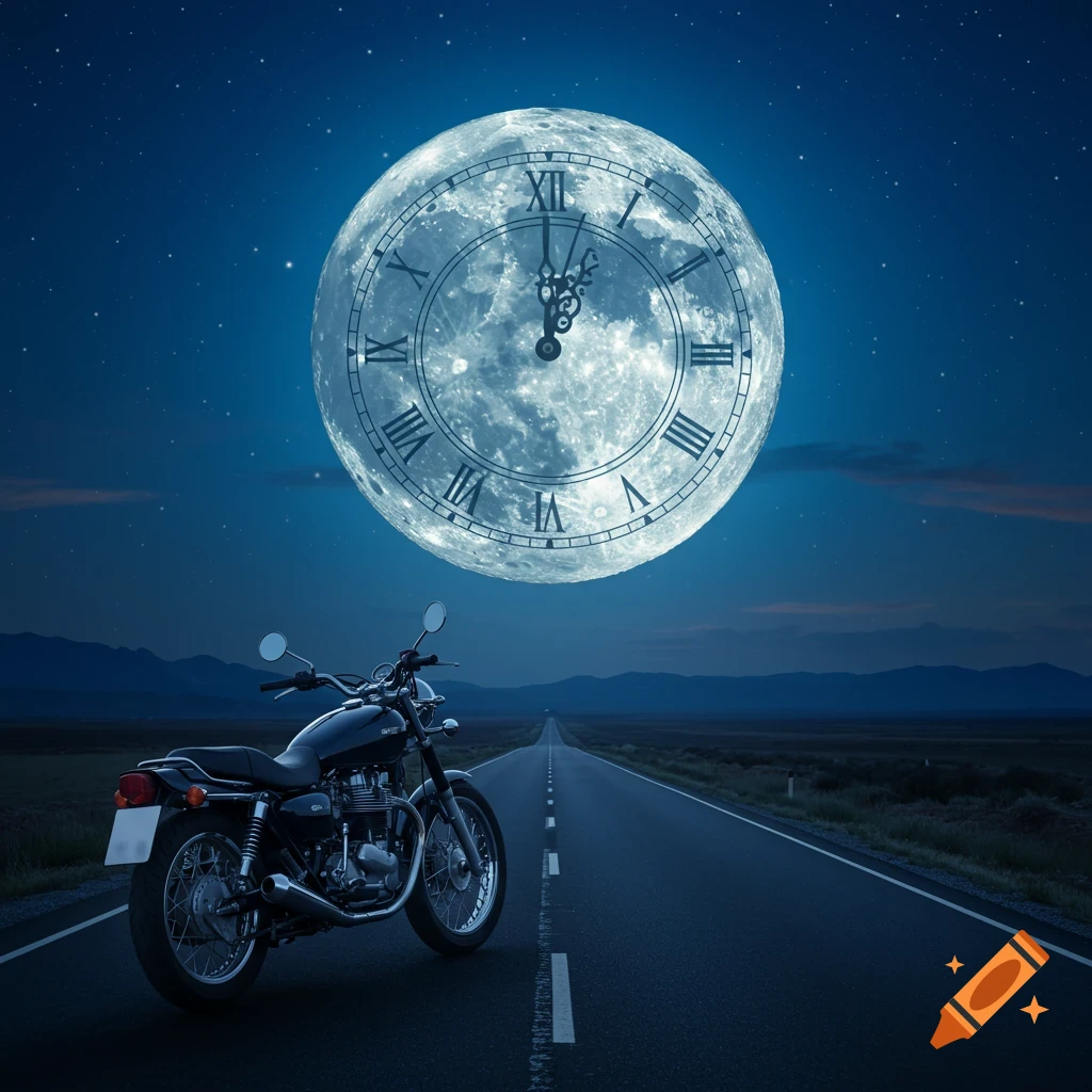 A motorcycle is parked on a road at night under a giant moon that resembles a clock face set to midnight.
