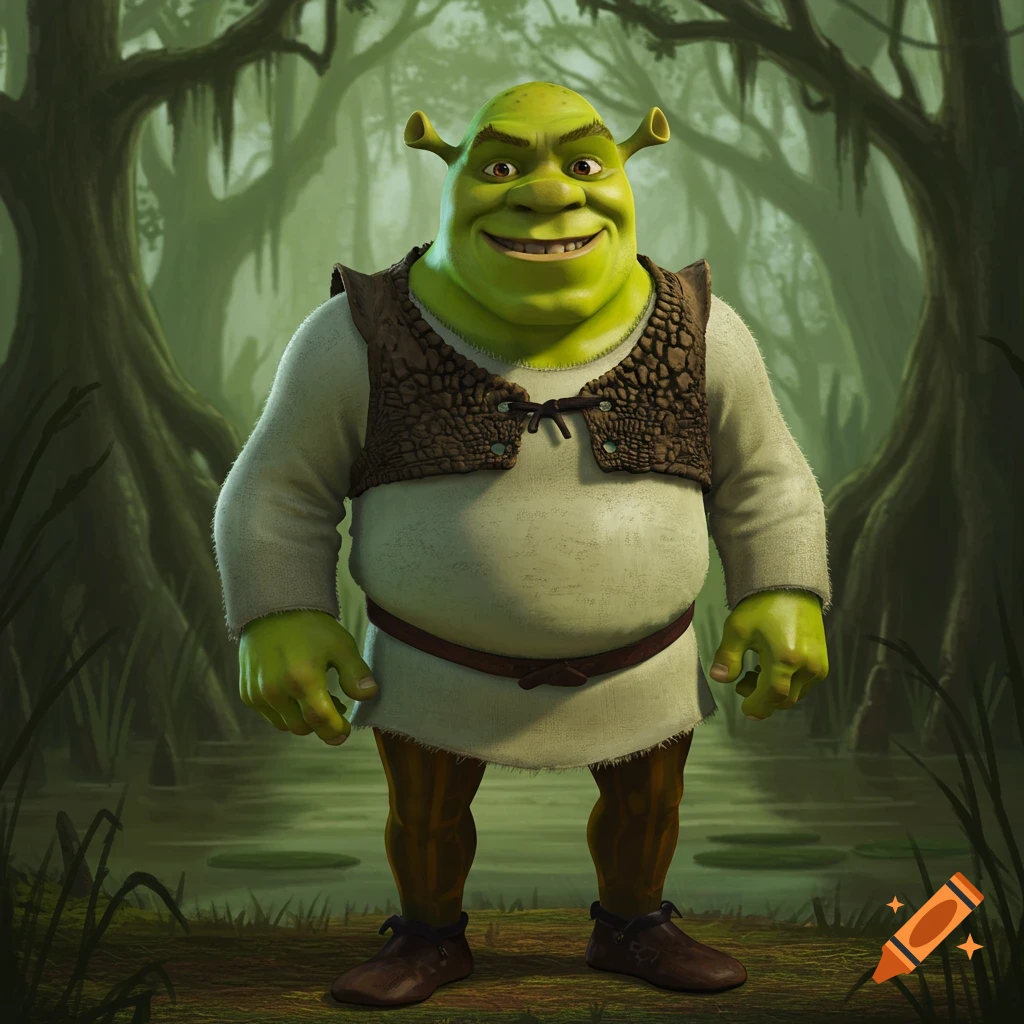 Image of Shrek standing in a swampy forest.