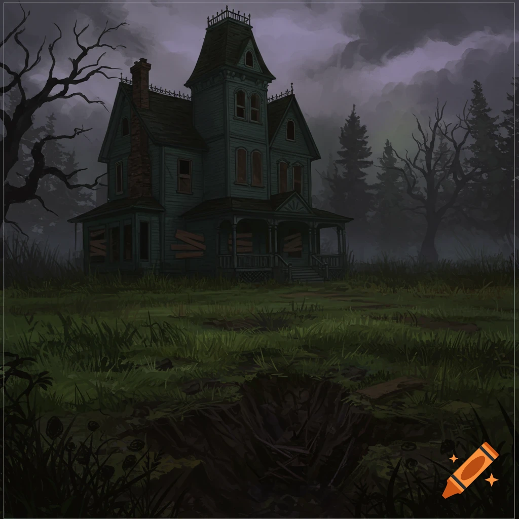 Spooky abandoned house with boarded windows in a dark, overgrown yard with a hole in the ground.