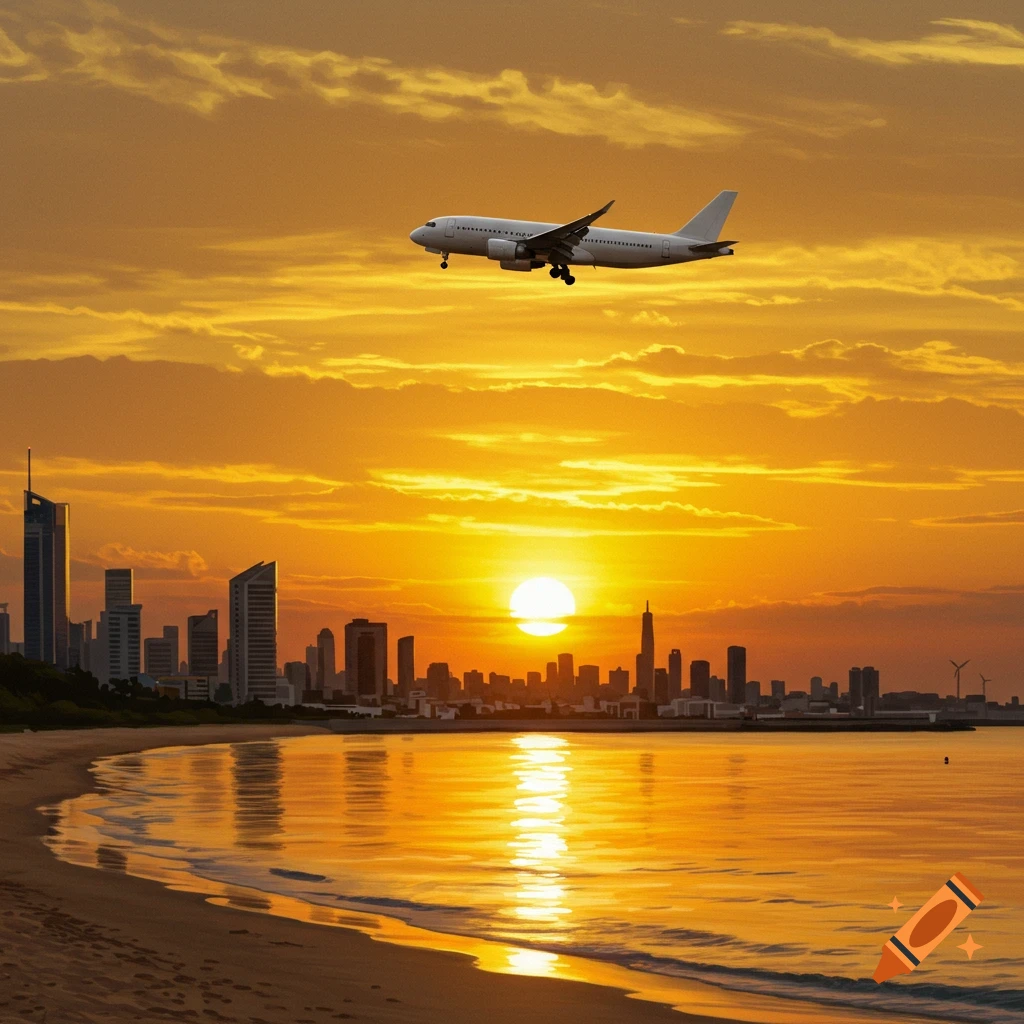 A sunset over a city skyline and beach with an airplane flying overhead.
