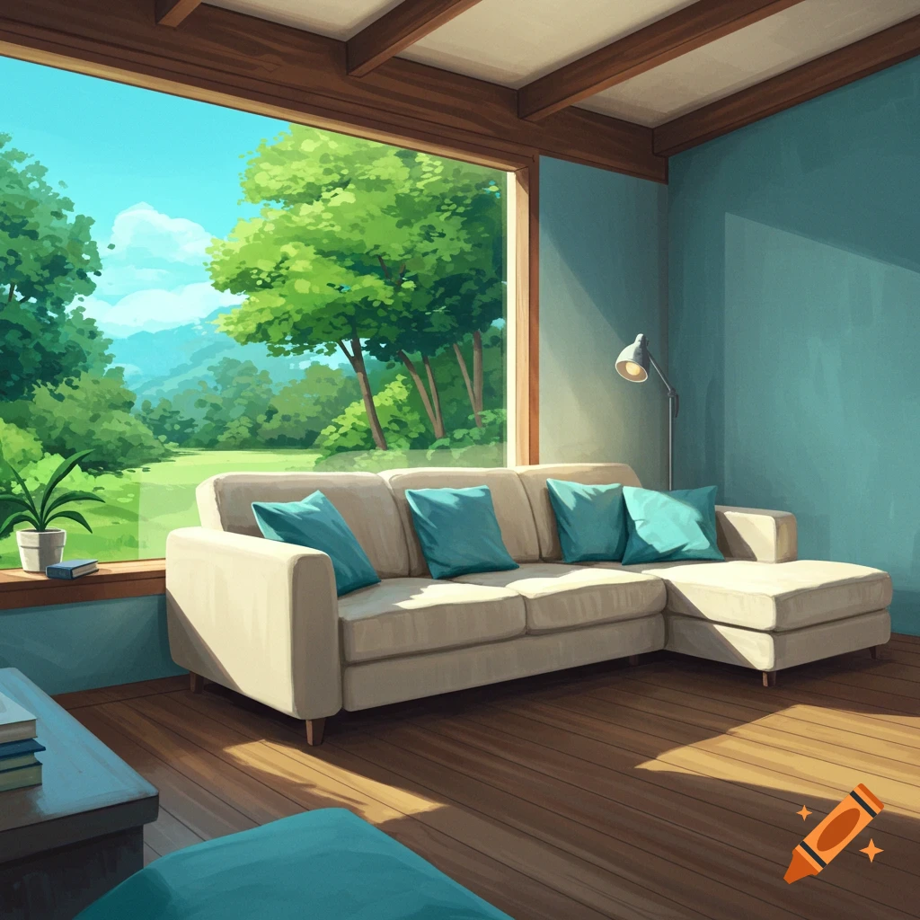 A calm living room with a cream sofa, blue pillows, wood floor, and a large window showing a lush green landscape.