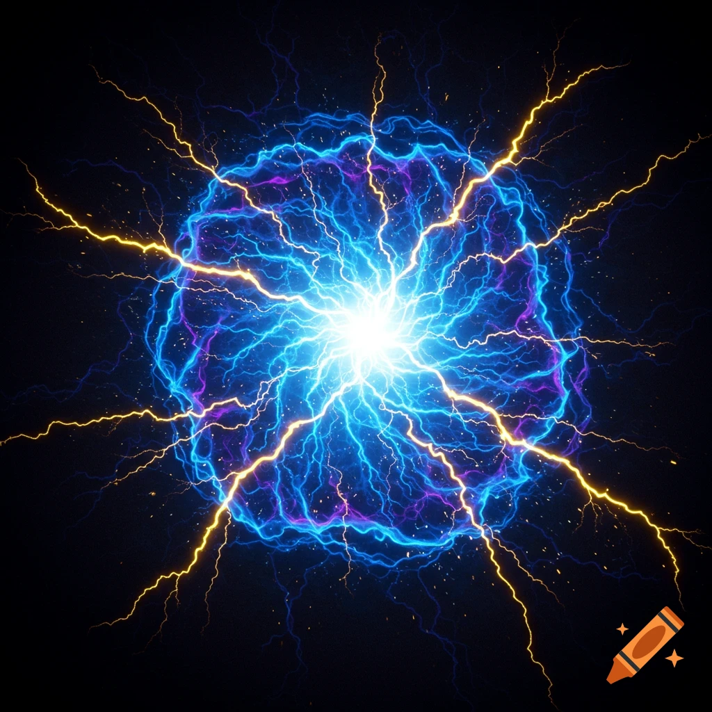 A sphere of blue and purple lightning with yellow bolts shooting out.