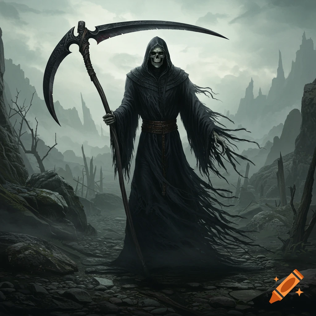The Grim Reaper holds a scythe in a desolate landscape.