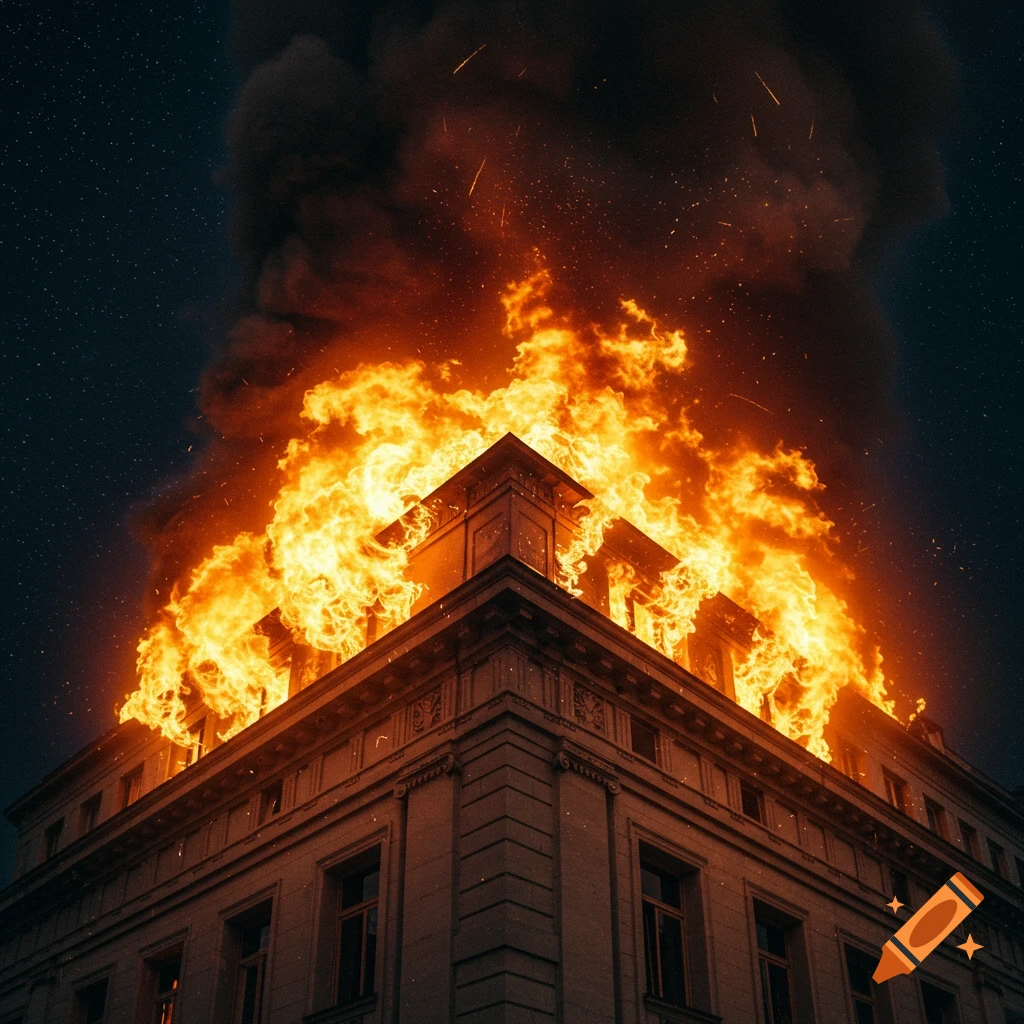 Building corner engulfed in flames at night under a starry sky.
