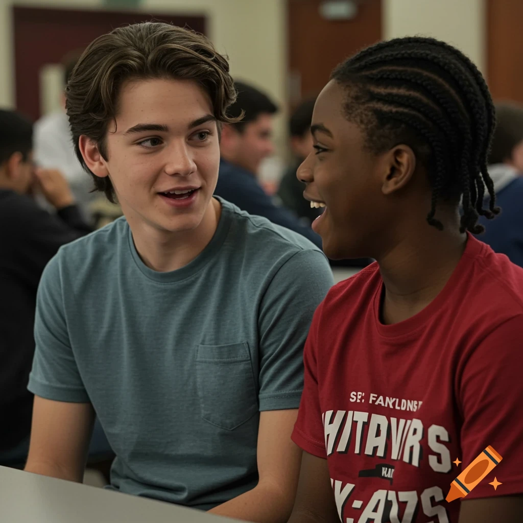 Two teenage boys, one with a middle part hairstyle and one with braids, talk and laugh in a cafeteria.
