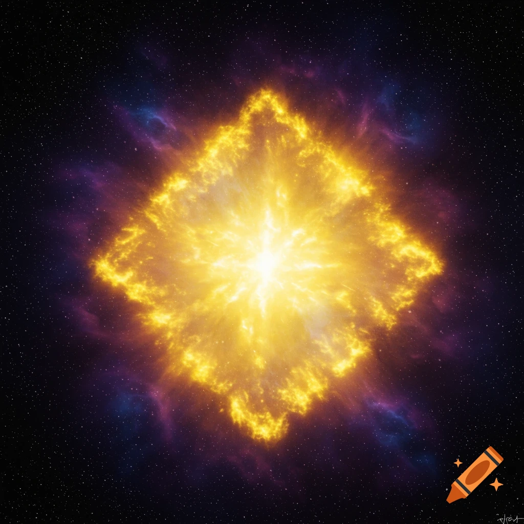 A bright, rhombus-shaped yellow nebula in deep space.