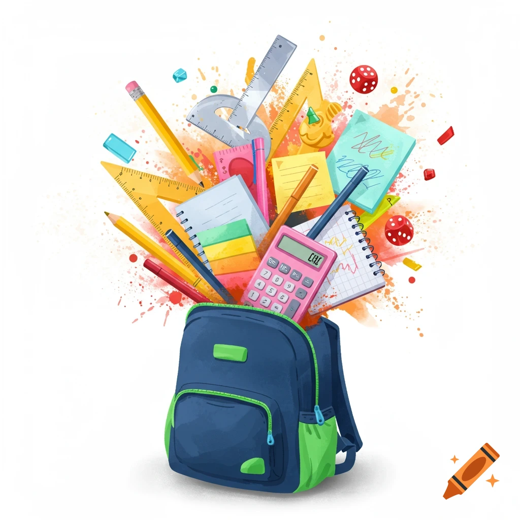 Illustration of school supplies like pencils, rulers, notes, and calculator exploding from a backpack.