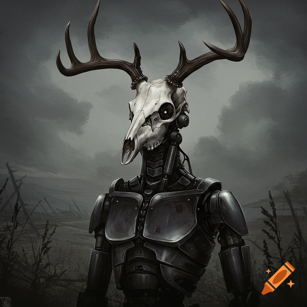 A humanoid robot with a deer skull head stands in a dark landscape.