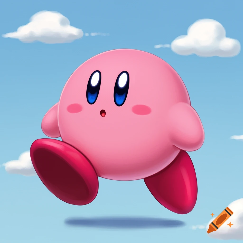 Kirby floating in a blue sky with clouds.