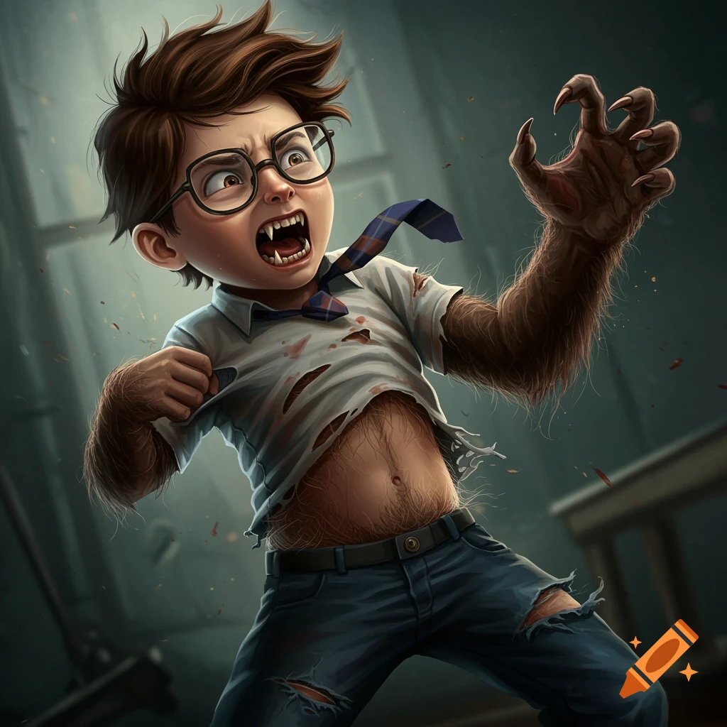 A boy with glasses transforming into a werewolf, with fur, claws, and fangs.