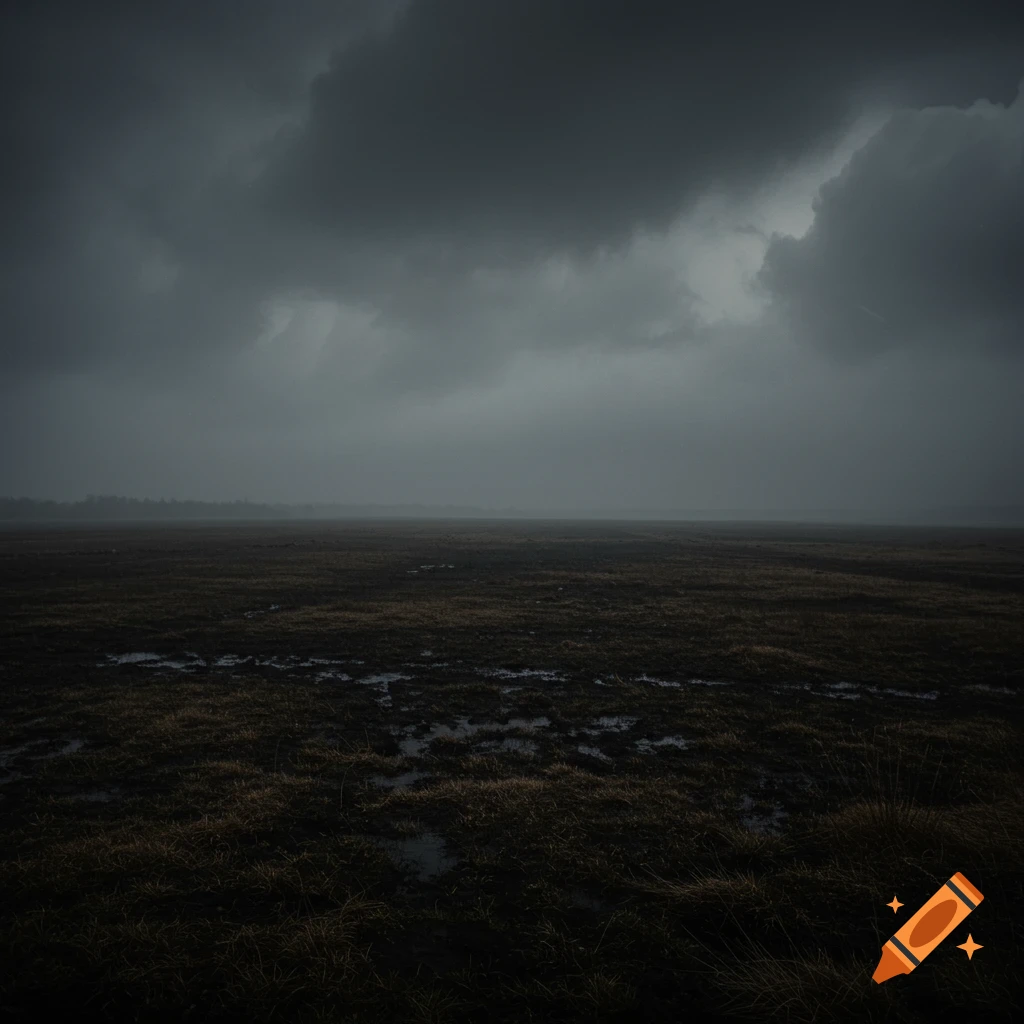 A gloomy plain field under a dark, cloudy sky with standing water.