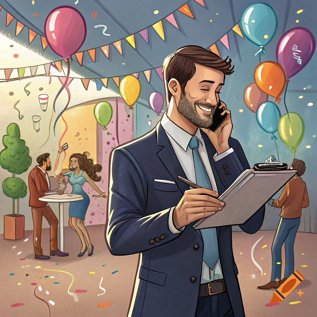 Illustration of a man in a suit on the phone, holding a clipboard, at a festive party with balloons and confetti.