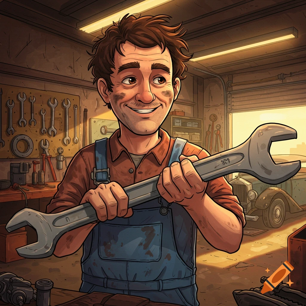 Cartoon man with mustache holding giant wrench in garage