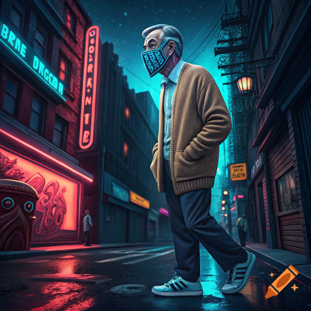 An older man walks down a wet neon-lit street at night, wearing a mask and cardigan.