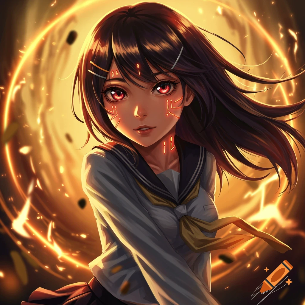 An anime girl with red eyes, glowing circuit patterns on her face, and a school uniform, surrounded by glowing effects.