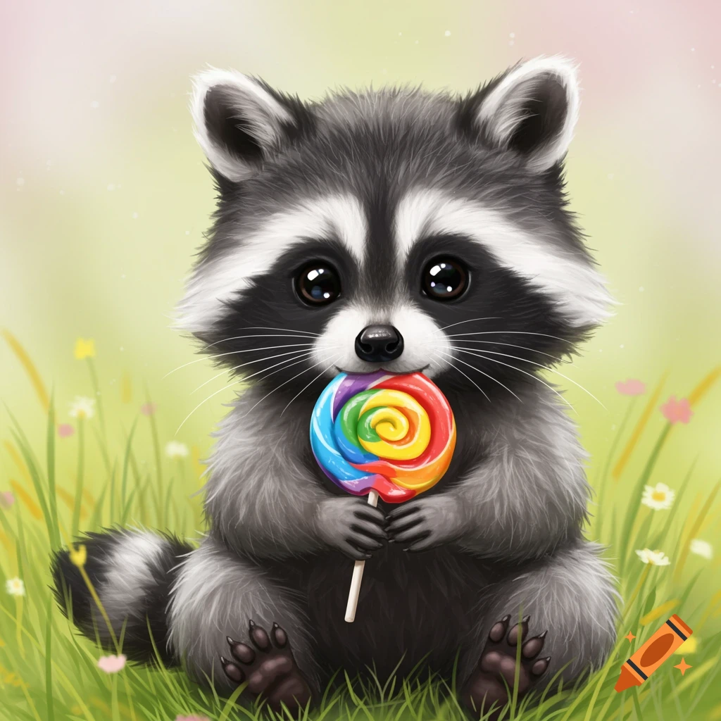 Cute cartoon baby raccoon holding a rainbow lollipop in a grassy meadow.