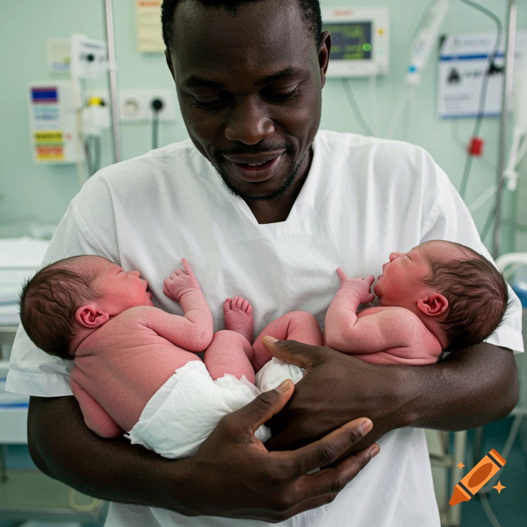 A Black man holds twin newborn babies in a hospital.