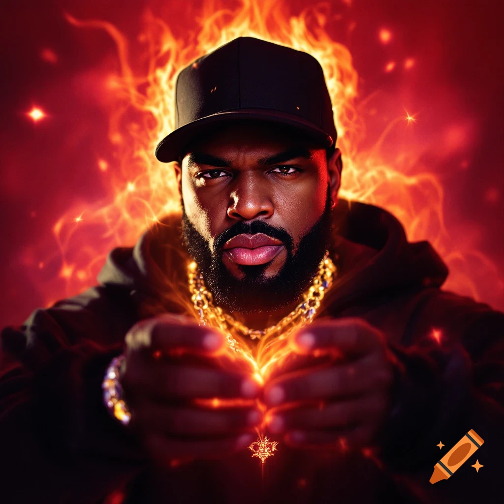 Portrait of a man resembling Ice Cube, in a cap and gold chain, holding glowing red energy in his hands against a fiery background.